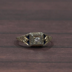 Art Deco Old European Diamond Blue Sapphire Tri 20K White Gold Engagement Ring