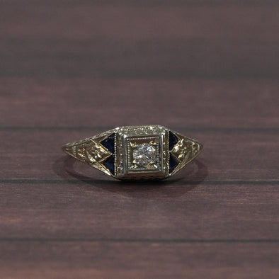 Art Deco Old European Diamond Blue Sapphire Tri 20K White Gold Engagement Ring