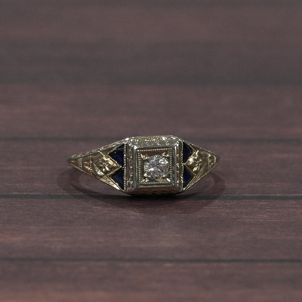 Art Deco Old European Diamond Blue Sapphire Tri 20K White Gold Engagement Ring