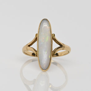 Vintage Opal Long Oval Bezel Set 18K Yellow Gold Ring