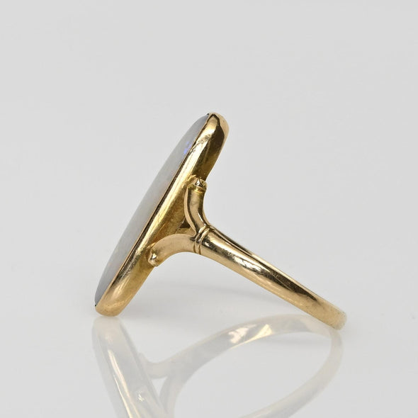 Vintage Opal Long Oval Bezel Set 18K Yellow Gold Ring