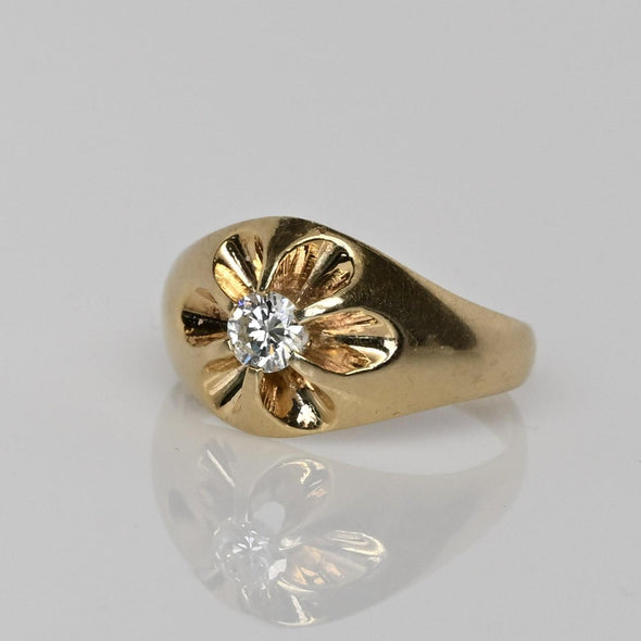 Victorian Old European Cut Diamond Floral Belcher 14K Yellow Gold Ring