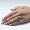 Blue Sapphire and Diamond Three Stone Halo 14k White Gold Ring