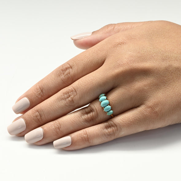 Antique Victorian Five-Stone Turquoise Ring with Talon Prongs in Yellow Gold