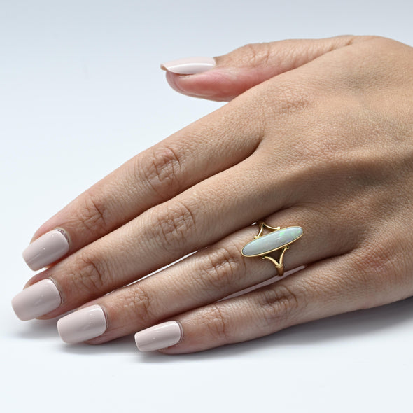Vintage Opal Long Oval Bezel Set 18K Yellow Gold Ring