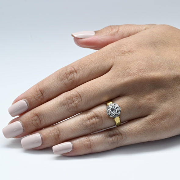 0.79ct D VS Old Cut Diamond Halo 18K Gold Zig Zag Cluster Ring w GIA