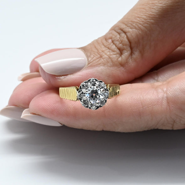 0.79ct D VS Old Cut Diamond Halo 18K Gold Zig Zag Cluster Ring w GIA