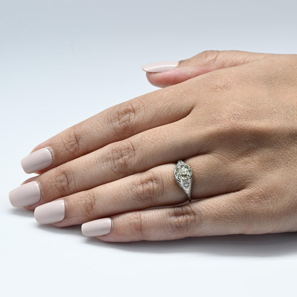 1.32ct Light Yellow Old Mine Cut Diamond Platinum Filigree Engagement Ring