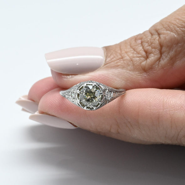 1.32ct Light Yellow Old Mine Cut Diamond Platinum Filigree Engagement Ring