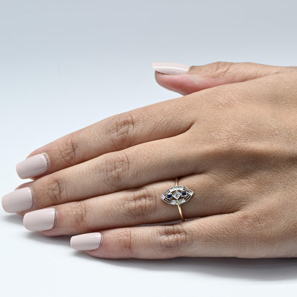 Sapphire & Diamond Navette Art Deco Pin Conversion Ring in 14k Gold & Platinum