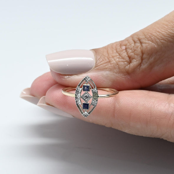 Sapphire & Diamond Navette Art Deco Pin Conversion Ring in 14k Gold & Platinum