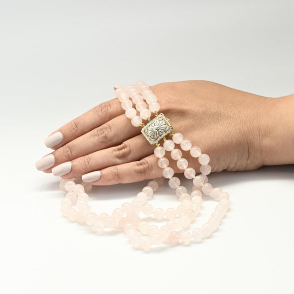 Rose Quartz Bead Three Strand Necklace w Diamond 14k Gold Clasp