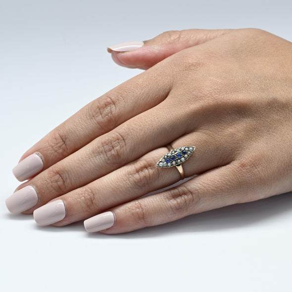 Victorian Blue Sapphire and Seed Pearl Navette 14K Gold Cocktail Ring