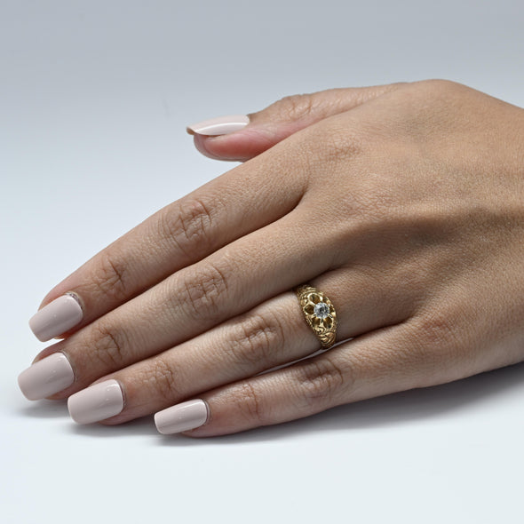 Victorian Old European Cut Diamond Antique 14K Yellow Gold Belcher Ring
