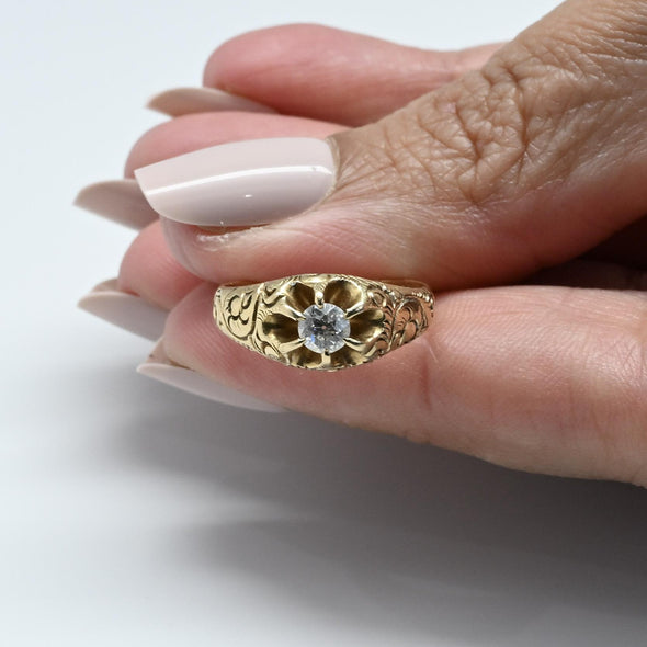 Victorian Old European Cut Diamond Antique 14K Yellow Gold Belcher Ring