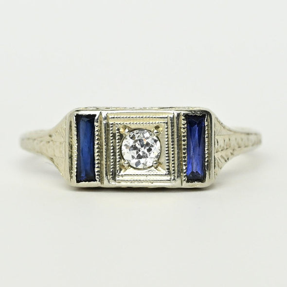 1927 Art Deco Old Euro Diamond Sapphire 20K White Gold Engagement Ring