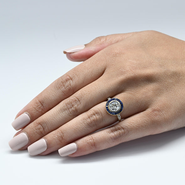 Art Deco 1.35c Old Euro Diamond No Heat Blue Sapphire Halo 18k Platinum Ring GIA