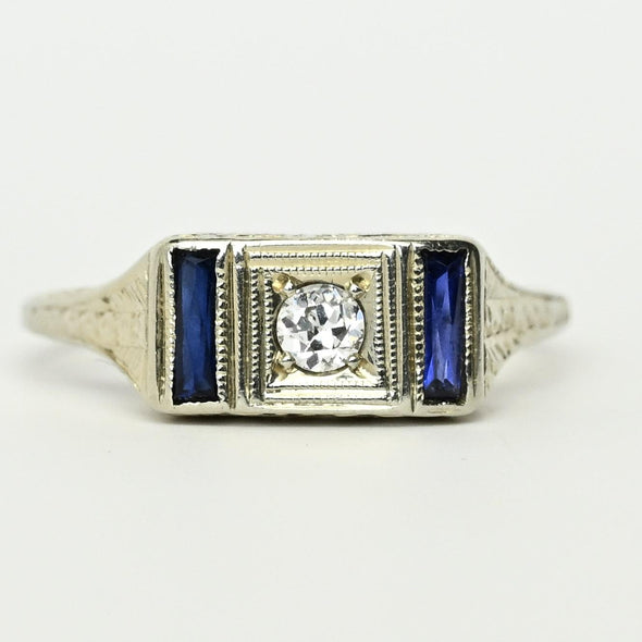 1927 Art Deco Old Euro Diamond Sapphire 20K White Gold Engagement Ring