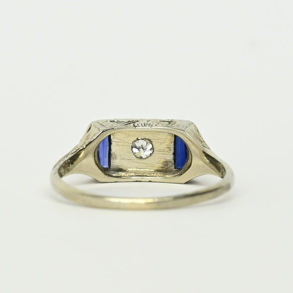 1927 Art Deco Old Euro Diamond Sapphire 20K White Gold Engagement Ring