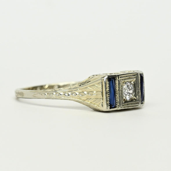 1927 Art Deco Old Euro Diamond Sapphire 20K White Gold Engagement Ring