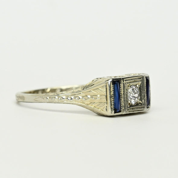 1927 Art Deco Old Euro Diamond Sapphire 20K White Gold Engagement Ring