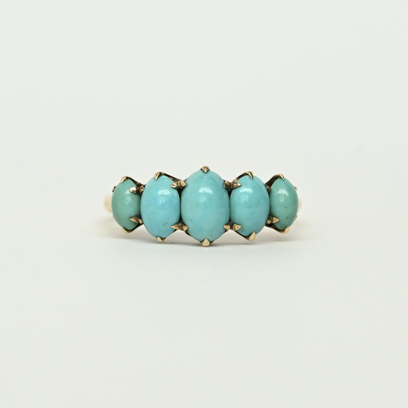 Antique Victorian Five-Stone Turquoise Ring with Talon Prongs in Yellow Gold