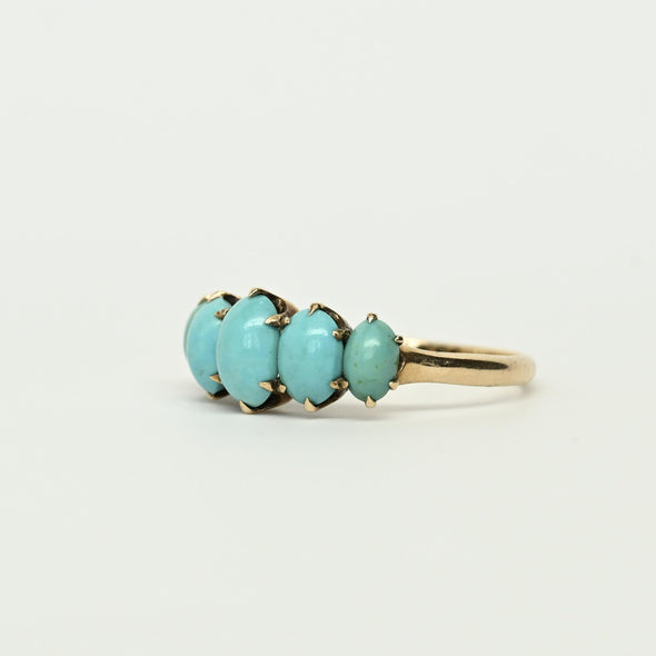 Antique Victorian Five-Stone Turquoise Ring with Talon Prongs in Yellow Gold