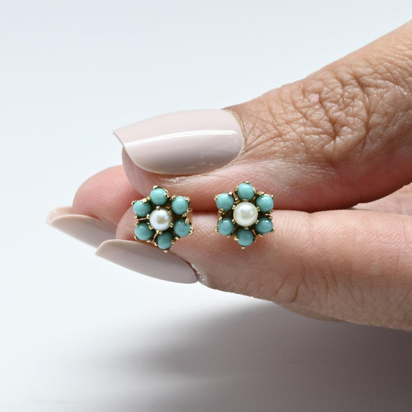 Vintage 14K Yellow Gold Turquoise and Pearl Floral Earrings