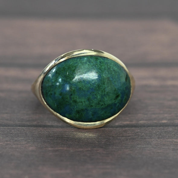 Chrysocolla Blue Green Marbled Smooth Low Profile 14k Yellow Gold Ring