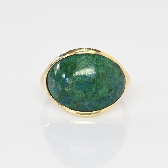 Chrysocolla Blue Green Marbled Smooth Low Profile 14k Yellow Gold Ring