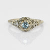 Delicate Vintage Art Deco 18K White Gold Blue Zircon Filigree Solitaire Gemstone