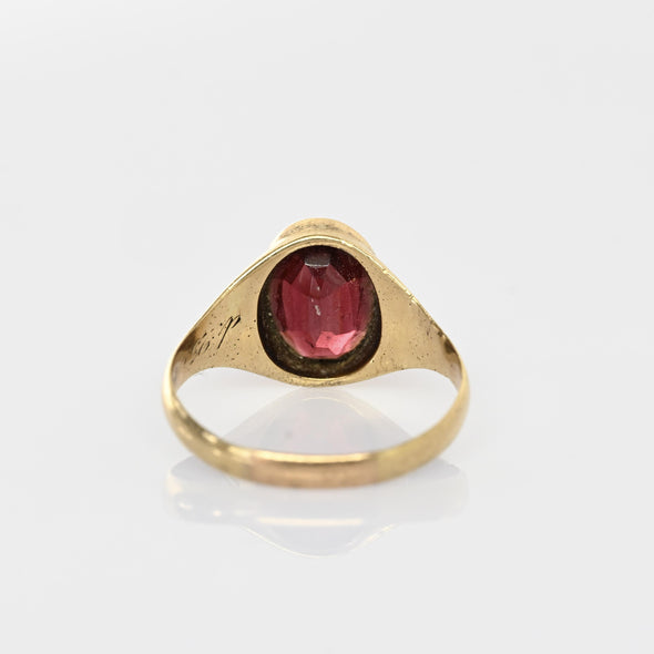 Garnet Oval Bezel Set 14k Yellow Gold Memorial Ring Dated 23 May 1871