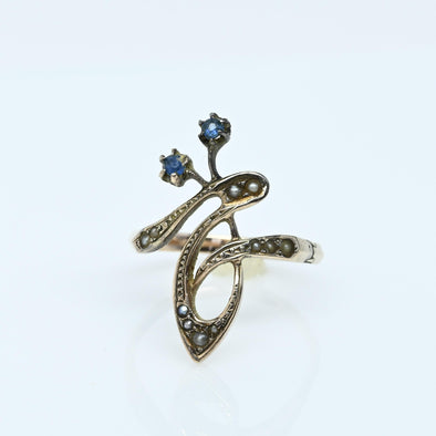Art Nouveau Pearl Flower Vase 10K Gold Cocktail Ring