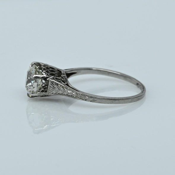 Edwardian 1.35ct Old European Cut Diamond Platinum Filigree Solitaire Ring w GIA