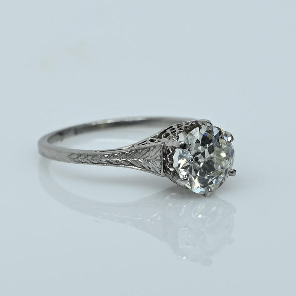 Edwardian 1.35ct Old European Cut Diamond Platinum Filigree Solitaire Ring w GIA
