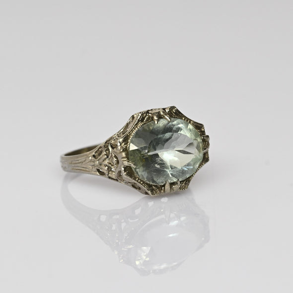 2.4ct Aquamarine Art Deco Filigree 14k White Gold Ring