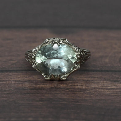 2.4ct Aquamarine Art Deco Filigree 14k White Gold Ring