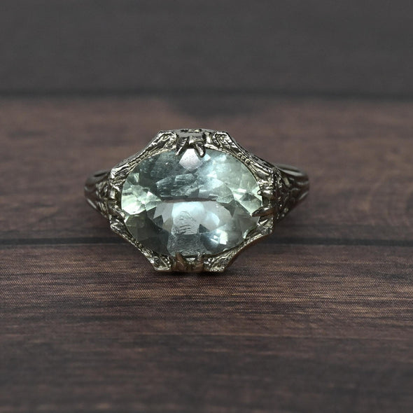 2.4ct Aquamarine Art Deco Filigree 14k White Gold Ring