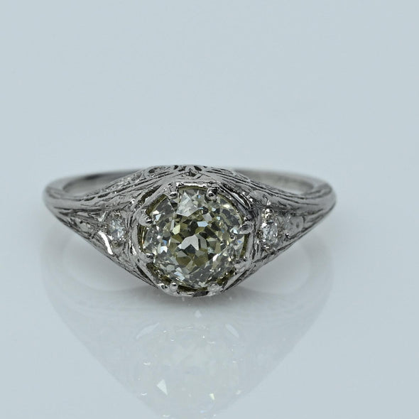 1.32ct Light Yellow Old Mine Cut Diamond Platinum Filigree Engagement Ring