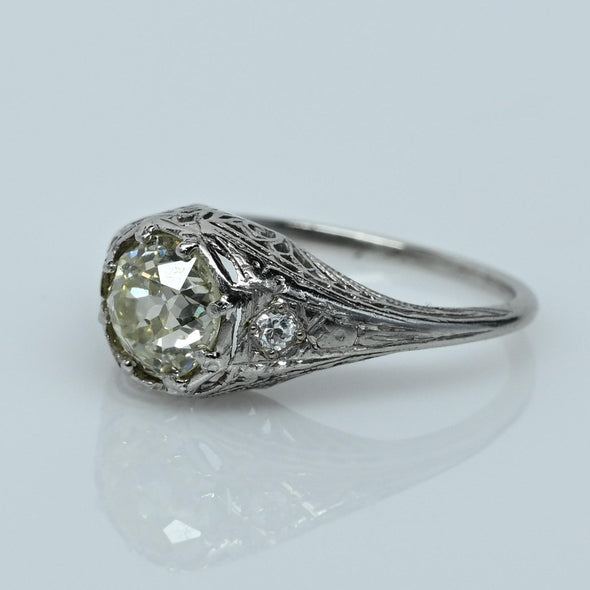 1.32ct Light Yellow Old Mine Cut Diamond Platinum Filigree Engagement Ring