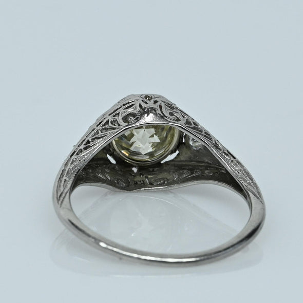 1.32ct Light Yellow Old Mine Cut Diamond Platinum Filigree Engagement Ring