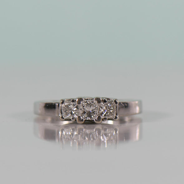 1.00ct Princess Cut Diamond Trellis Style 3 Stone Ring in 14K White Gold