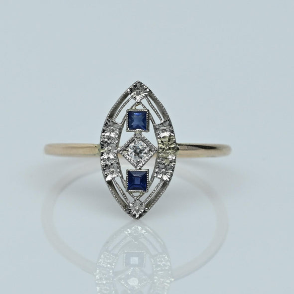 Sapphire & Diamond Navette Art Deco Pin Conversion Ring in 14k Gold & Platinum
