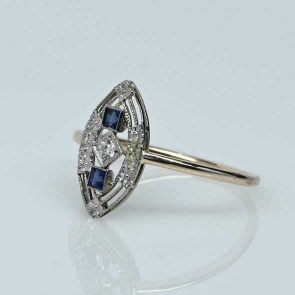 Sapphire & Diamond Navette Art Deco Pin Conversion Ring in 14k Gold & Platinum