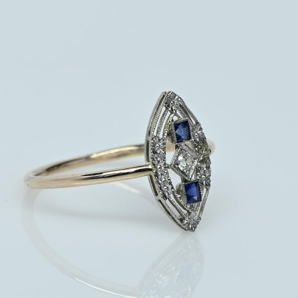 Sapphire & Diamond Navette Art Deco Pin Conversion Ring in 14k Gold & Platinum