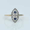 Sapphire & Diamond Navette Art Deco Pin Conversion Ring in 14k Gold & Platinum