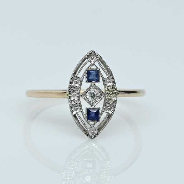 Sapphire & Diamond Navette Art Deco Pin Conversion Ring in 14k Gold & Platinum