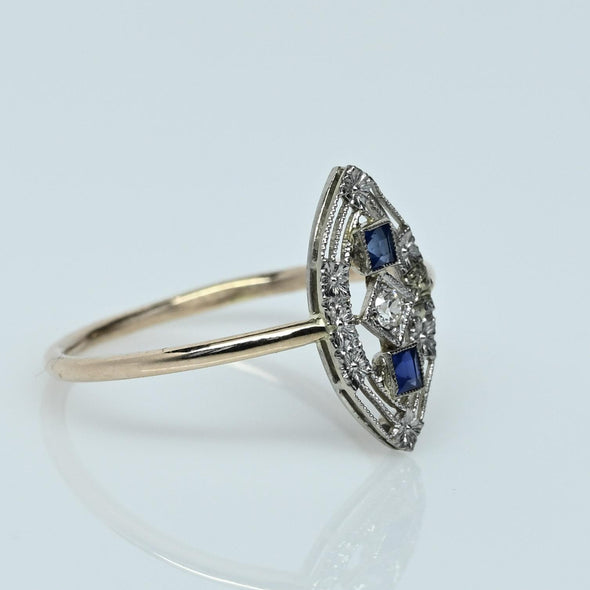 Sapphire & Diamond Navette Art Deco Pin Conversion Ring in 14k Gold & Platinum