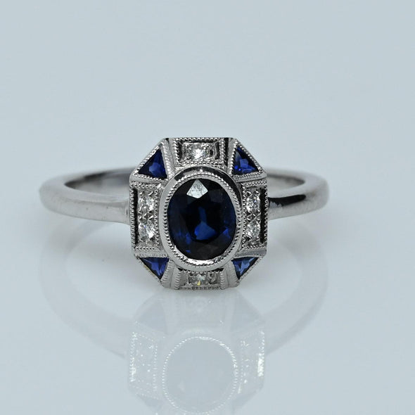 Art Deco Blue Sapphire Oval 18K White Gold Ring