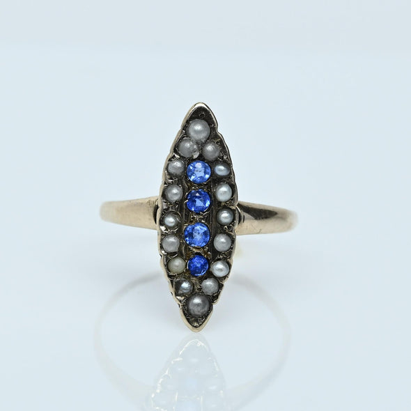 Victorian Blue Sapphire and Seed Pearl Navette 14K Gold Cocktail Ring